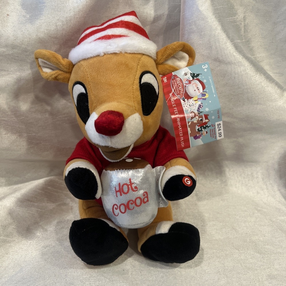 Gemmy Wiggle Feet Singing‎ Rudolph The Red Nose Reindeer  Hot Cocoa Toy Plush